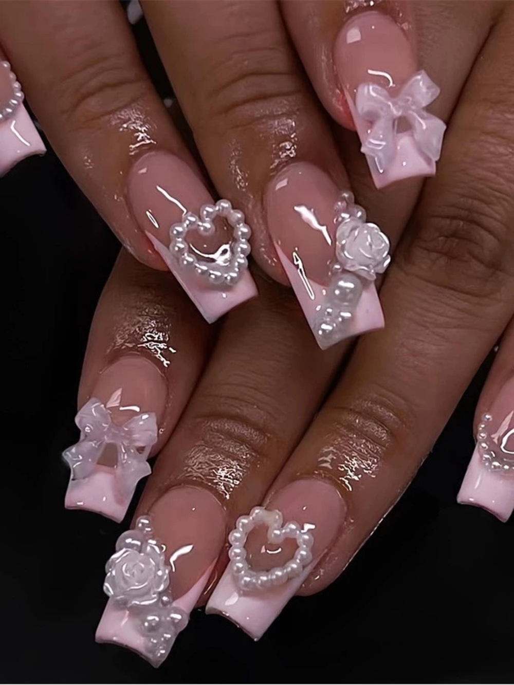 Pink 3D Bow & Pearl Heart Press-On Nails